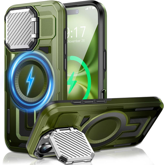 Camera Stand Case for iPhone 16, [Compatible with Mag Safe] [Lens Cover] 2024 Version Military Grade Protective Soft Case for iPhone 16 6.1 inch Men Women, Green