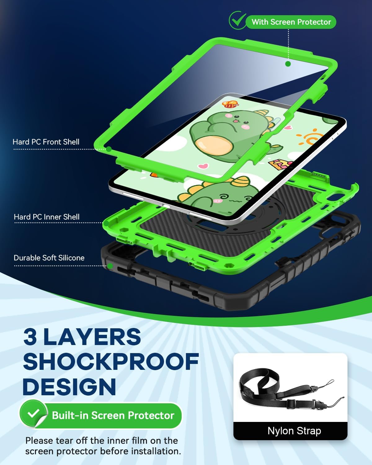 Cantis Case for iPad 11-inch (A16) 2025/ iPad 10th Generation 2022 (10.9 inch) with Screen Protector, iPad 11th Case with 360 Degree Rotating Stand/Shoulder Strap/Pencil Holder, Black+Green