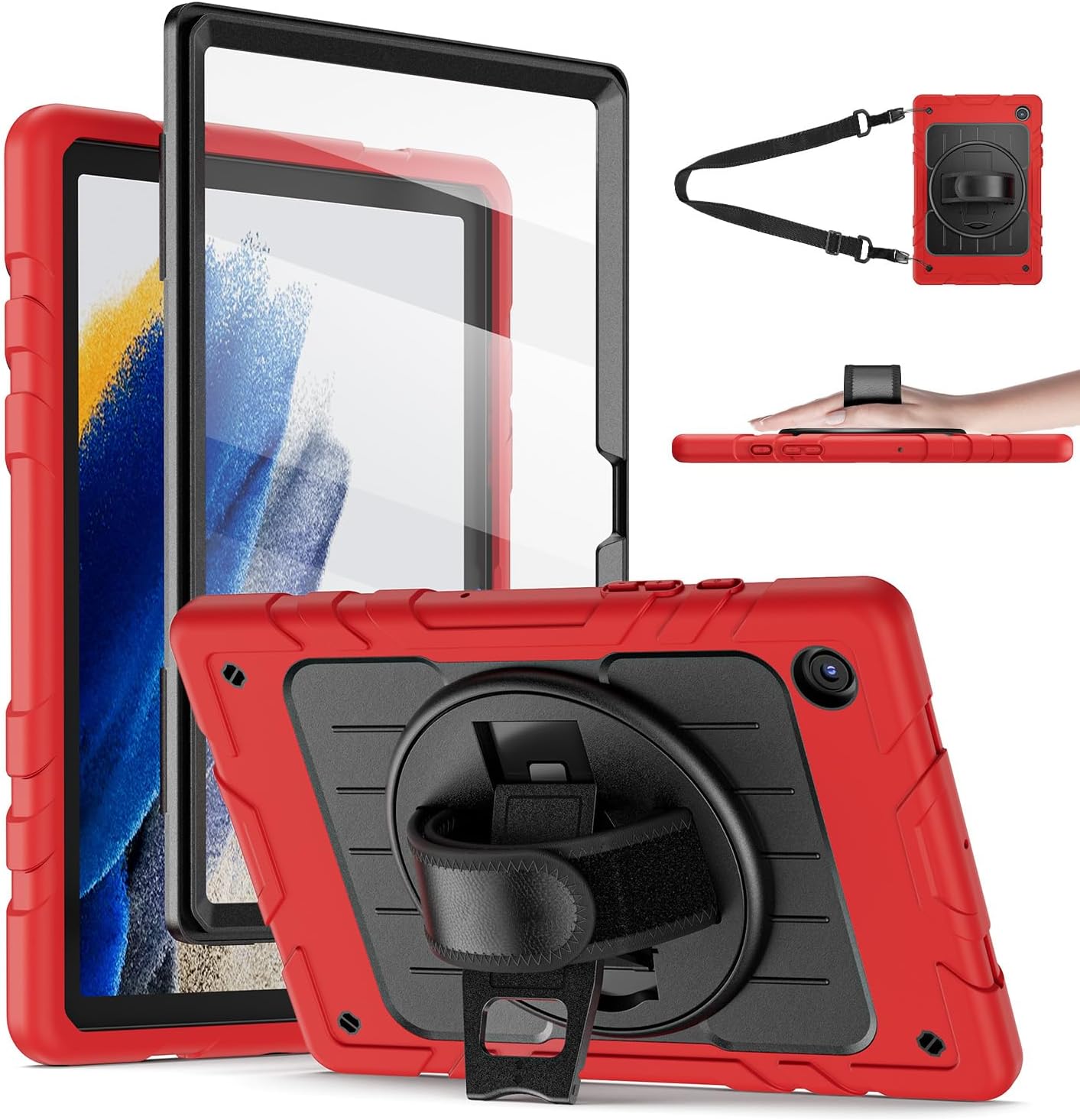 for Samsung Galaxy Tablet A8 Case 10.5 inch 2022 SM-X200/X205/X207 with Screen Protector [360 Rotating Stand] &Hand Shoulder Strap Shockproof Rugged Protective Cover|Red&Black
