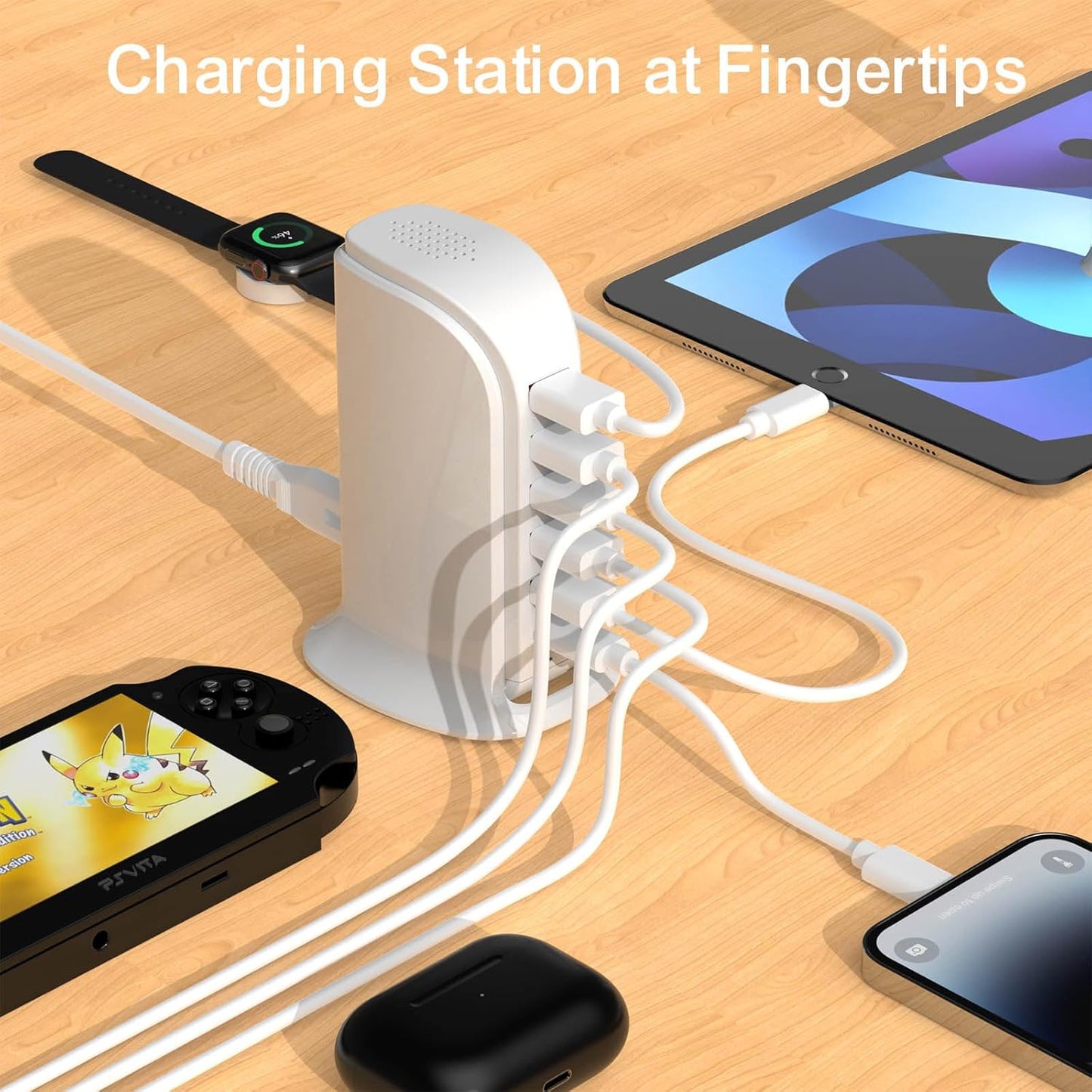 Charging Station for Multiple Devices Upoy, Multi USB Tower Hub with 5 USB+1 Type C Ports, USB C Charger Block Fast Charging for Apple/Samsung/Android Gadgets, Cute Home Office Desk Accessories
