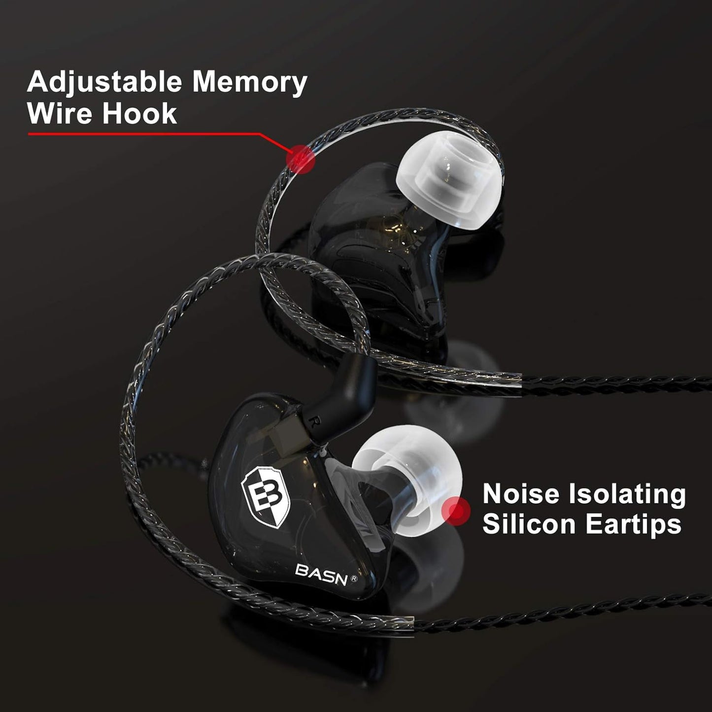 BASN Bsinger PRO in-Ear Monitors Hybrid Dynamic Dual Drivers Two Detachable MMCX Cables Musicians in-Ear Earbuds Headphones (Black)