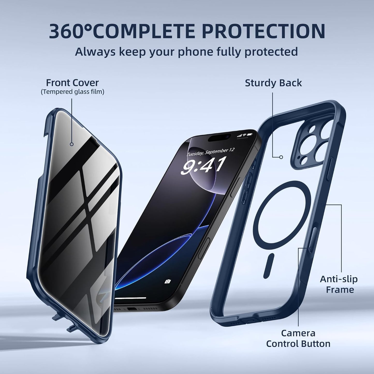 BERFY Magnetic for iPhone 16 Pro Max Case, Compatible with MagSafe, Built-in Privacy Screen Protector and Upgraded Camera Protection, Anti-Spy Full Body Shockproof Phone case for 16 Pro Max 6.9", Blue