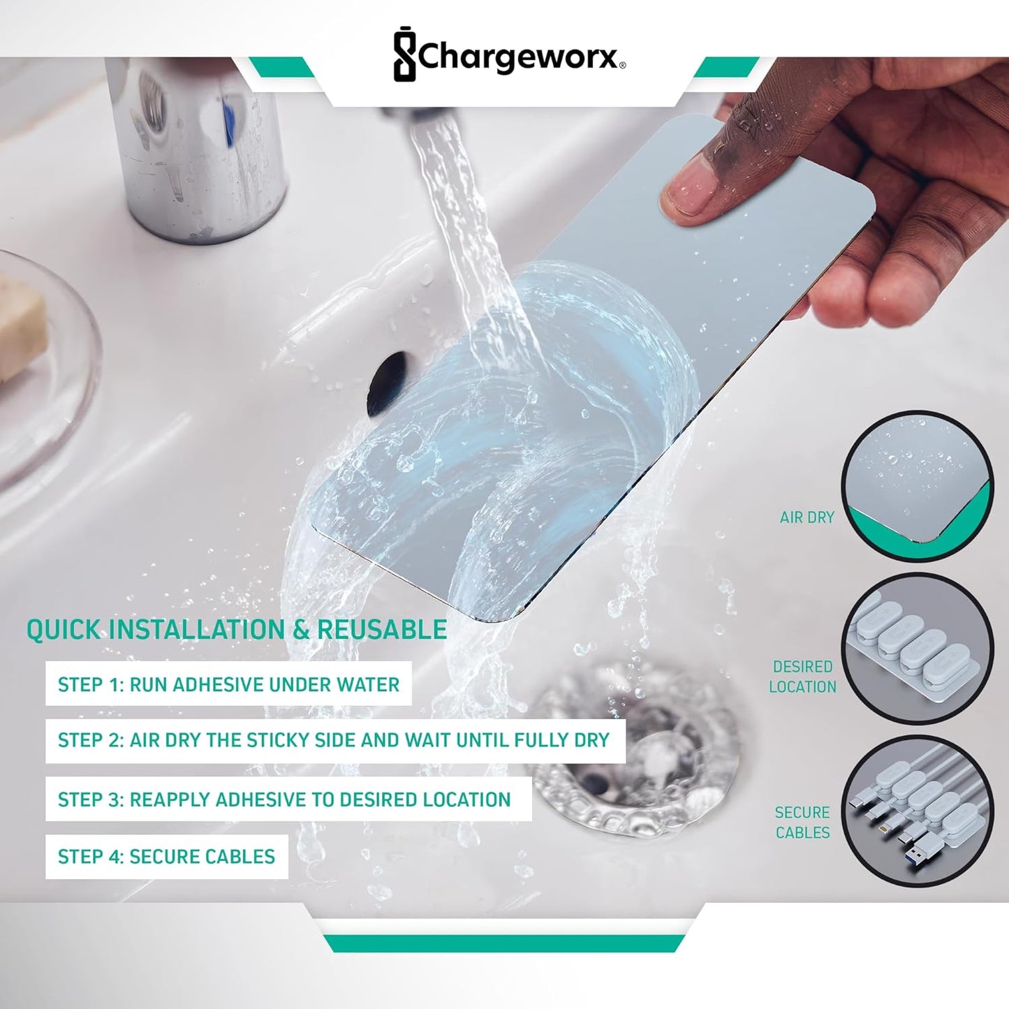 Magnetic Cable Clips [10-Pack] – Chargeworx Cord Organizer for Desk, Nightstand, Car, Wall – Strong Adhesive Wire Holder for USB-C, Lightning, Micro-USB – Tangle-Free, Snap-On, Easy Cable Management