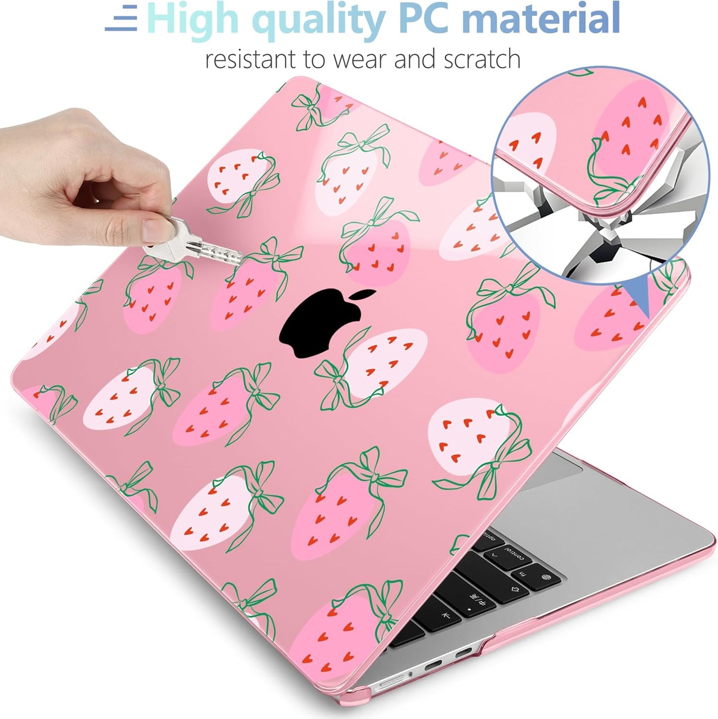 MEEgoodo for M4/M3/M2 MacBook Air 15.3 inch Case 2025 2024 2023, Case Fit Model (A3241/A3114/A2941) for MacBook Air 15 inch, Laptop Hard Shell with Keyboard Cover, Strawberry & Bow