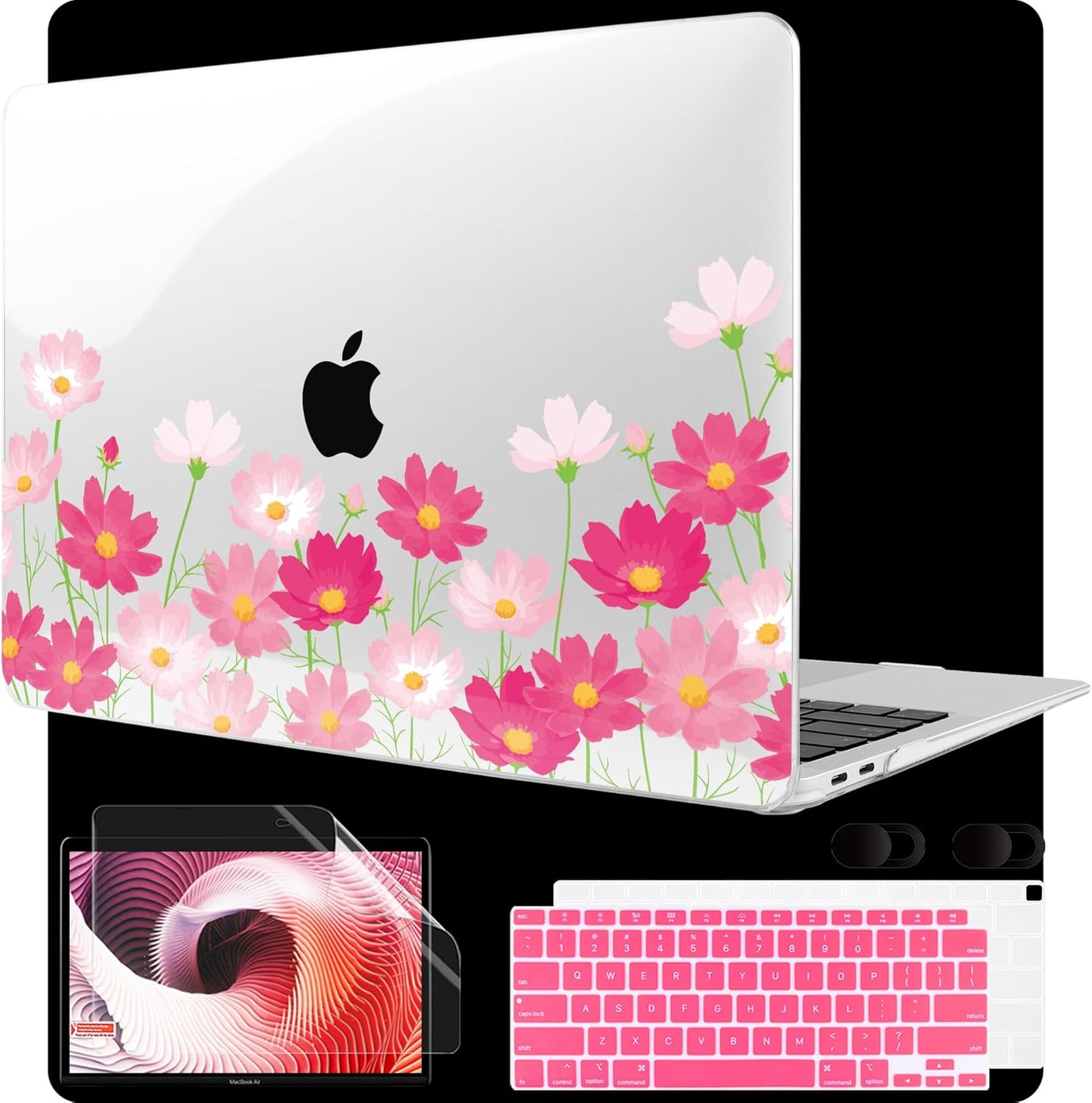 MEEgoodo for MacBook Air 13 inch Case 2021 2020 2019 2018 Released A2337 M1 A2179 A1932 with Touch ID, Plastic Hard Shell & Keyboard Cover Compatible with MacBook Air Case 13.3,Bright Pink Flowers
