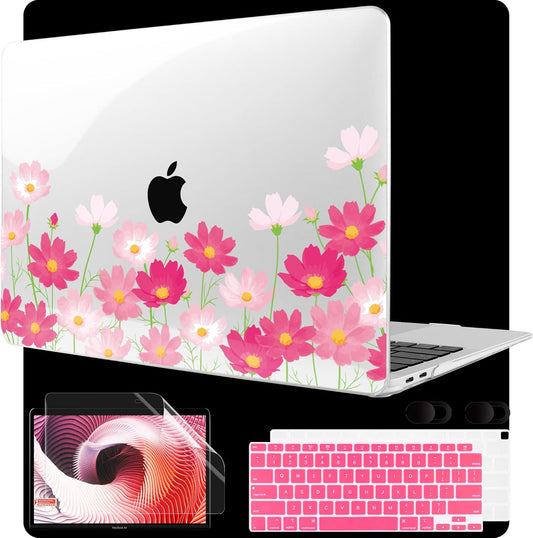 MEEgoodo for MacBook Air 13 inch Case 2021 2020 2019 2018 Released A2337 M1 A2179 A1932 with Touch ID, Plastic Hard Shell & Keyboard Cover Compatible with MacBook Air Case 13.3,Bright Pink Flowers