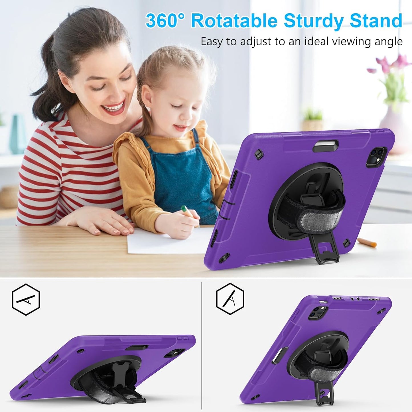 Case for iPad Pro 11 Inch 2022/2021/ 2020/2018: Cover for iPad 11 Inch 4th/ 3rd/ 2nd/ 1st Generation with Screen Protector- Stand- Handle- Shoulder Strap- Pencil Holder Purple