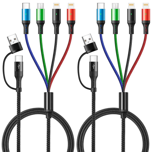 5 in 1 Multi Charging Cable 3.5A, Multi Fast Charging Cord USB A/C to Type C/Micro USB/Lightning Universal Braided Charger Cable,Multi Charger for Cell Phones,iPhone,Galaxy (2, Black, 4Feet)