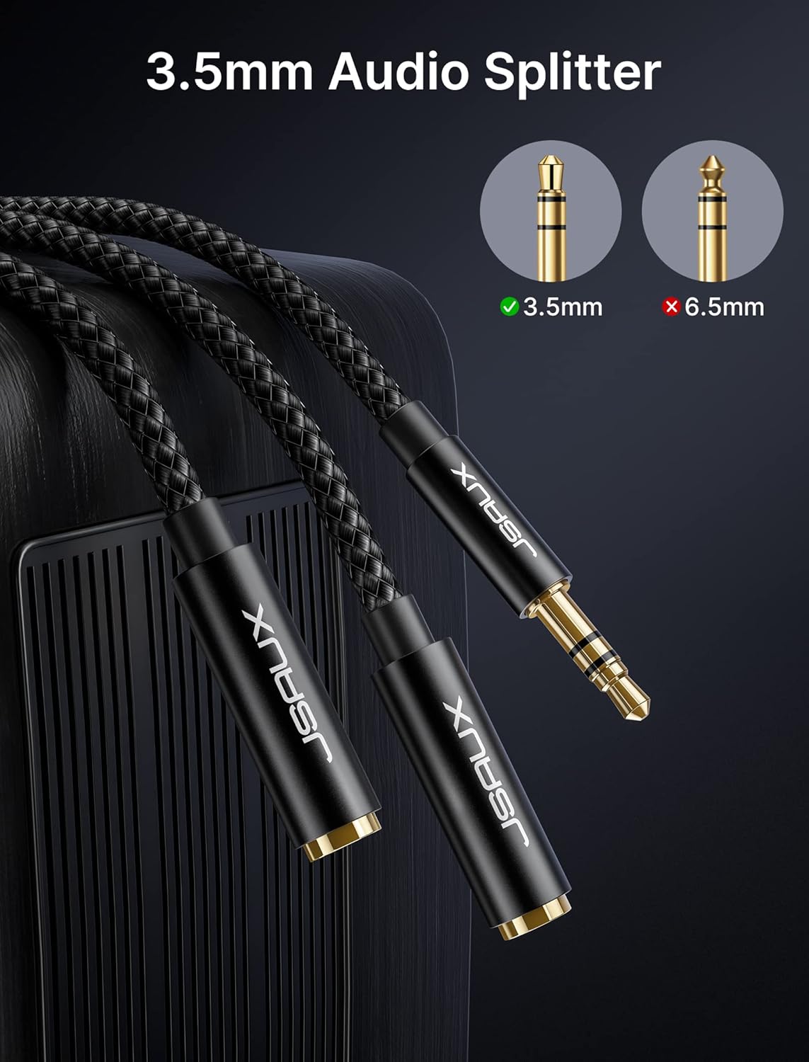 JSAUX Headphone Splitter, Audio Splitter 3.5mm Male TRS to 2 Dual 3.5mm Female Adapter Nylon-Braided Stereo Y Aux Cable for iPhone, Samsung, Tablets, Laptop, PlayStation and More [Black]