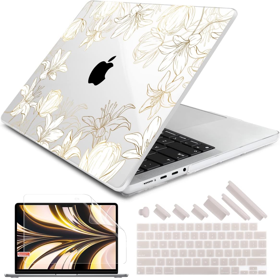 DONGKE for M4 MacBook Pro 16 Inch Case 2024 2023 2021 A3403 A3186 M3 A2991 M2 A2780 M1 A2485 Pro/Max Chip, Plastic Hard Shell Case & Keyboard Cover for Mac Pro 16 with Touch ID, Gold Floral