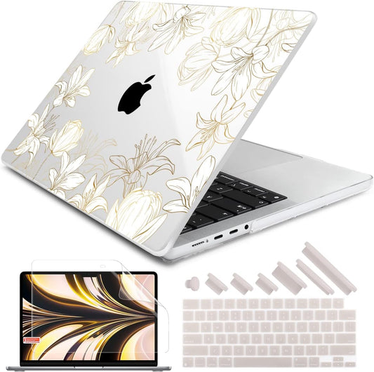 DONGKE for M4 MacBook Pro 16 Inch Case 2024 2023 2021 A3403 A3186 M3 A2991 M2 A2780 M1 A2485 Pro/Max Chip, Plastic Hard Shell Case & Keyboard Cover for Mac Pro 16 with Touch ID, Gold Floral