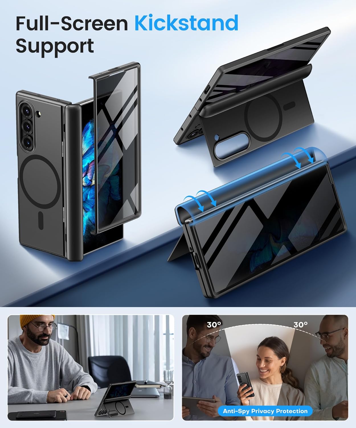 BERFY Magnetic for Samsung Galaxy Z Fold 6 Case with Privacy Screen Protector, [Compatible with MagSafe][Anti Spy] Built-in Hidden Kickstand, Full-Body Shockproof Slim Phone Case for Z Fold 6, Black