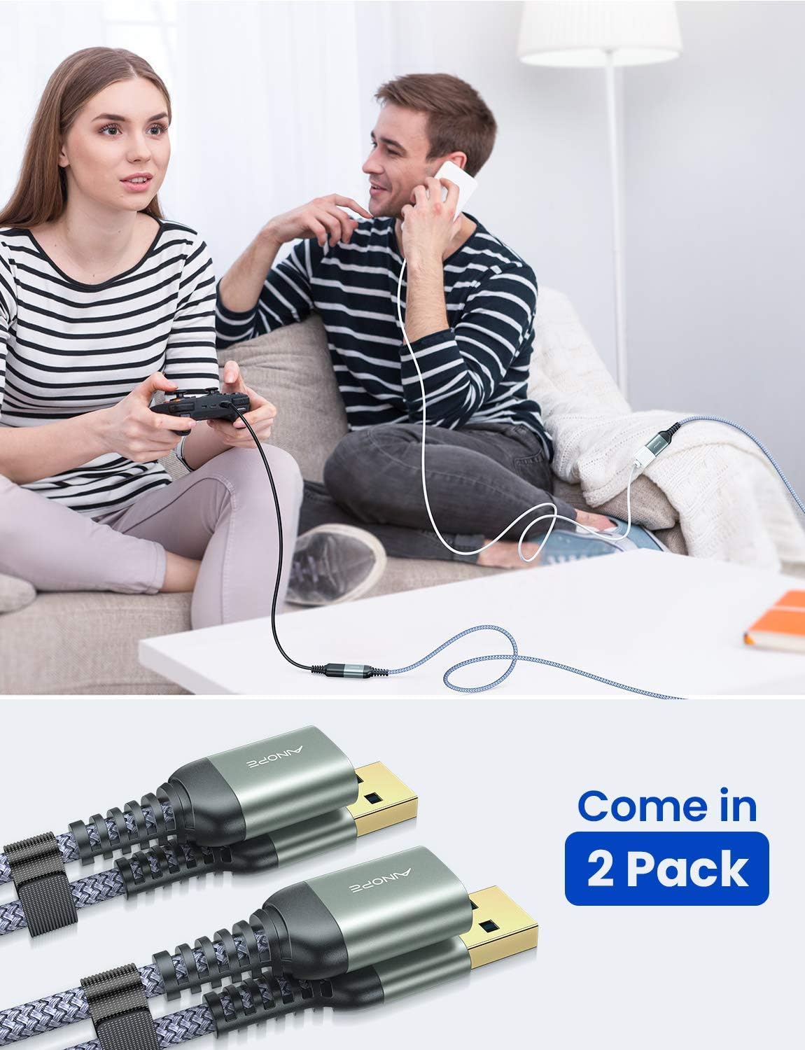AINOPE 2 Pack USB Extensions Cable High Speed USB 3.0 Extension Cord Type A Male to Female Sturdy Braided Material Fast Data Transfer Compatible with USB Keyboard,Mouse,Flash Drive,Grey,1.5FT+1.5FT