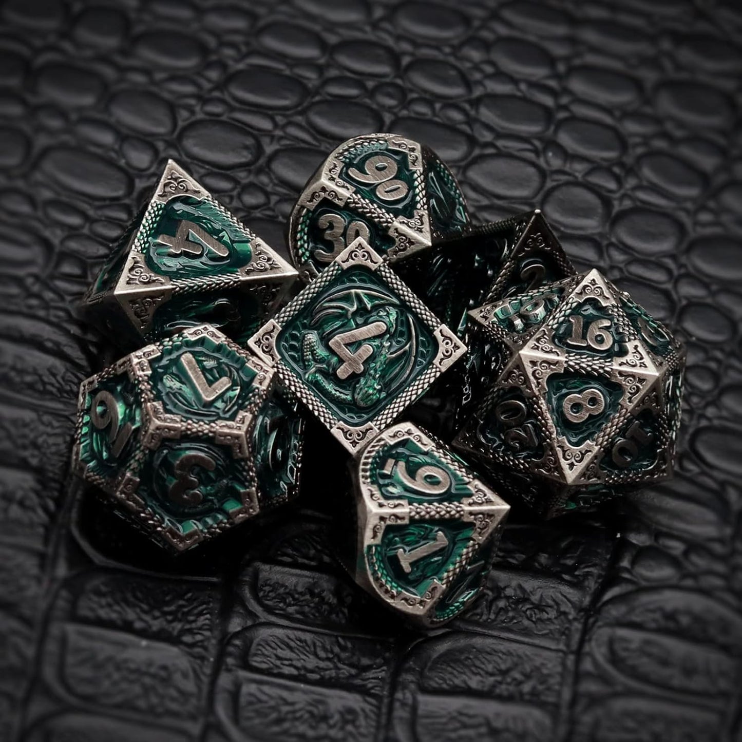 Haxtec DND Dice Set Metal D&D Dice Set with Leather Dice Bag Antique Iron Green Metal Polyhedral Dice Compatible with Dungeons and Dragons TTRPG Gifts