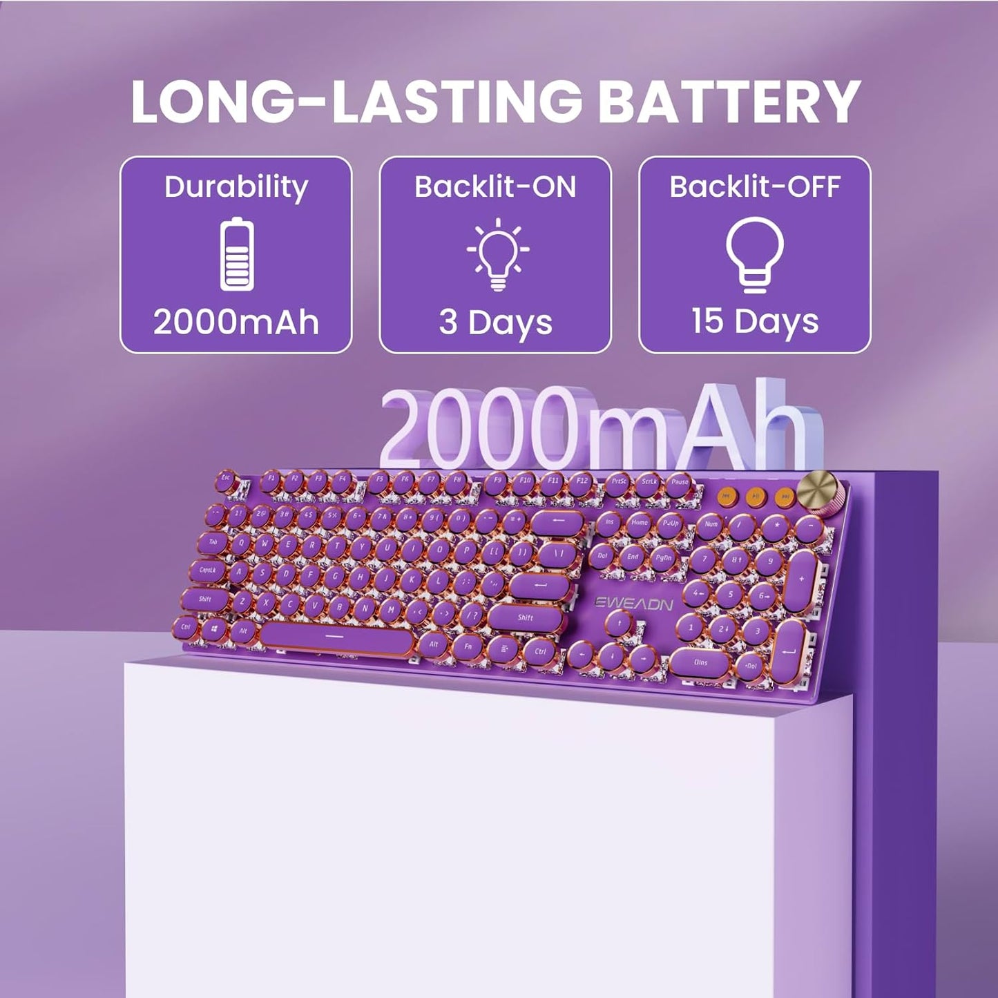 EWEADN V20 Typewriter Keyboard Wireless, 104 Keys Typewriter Style Mechanical with White Backlit, Media Knob, Pink Switch 2.4G/Bluetooth/USB-C Wired Retro Full Size Keyboard for Windows/Mac/PC-Purple