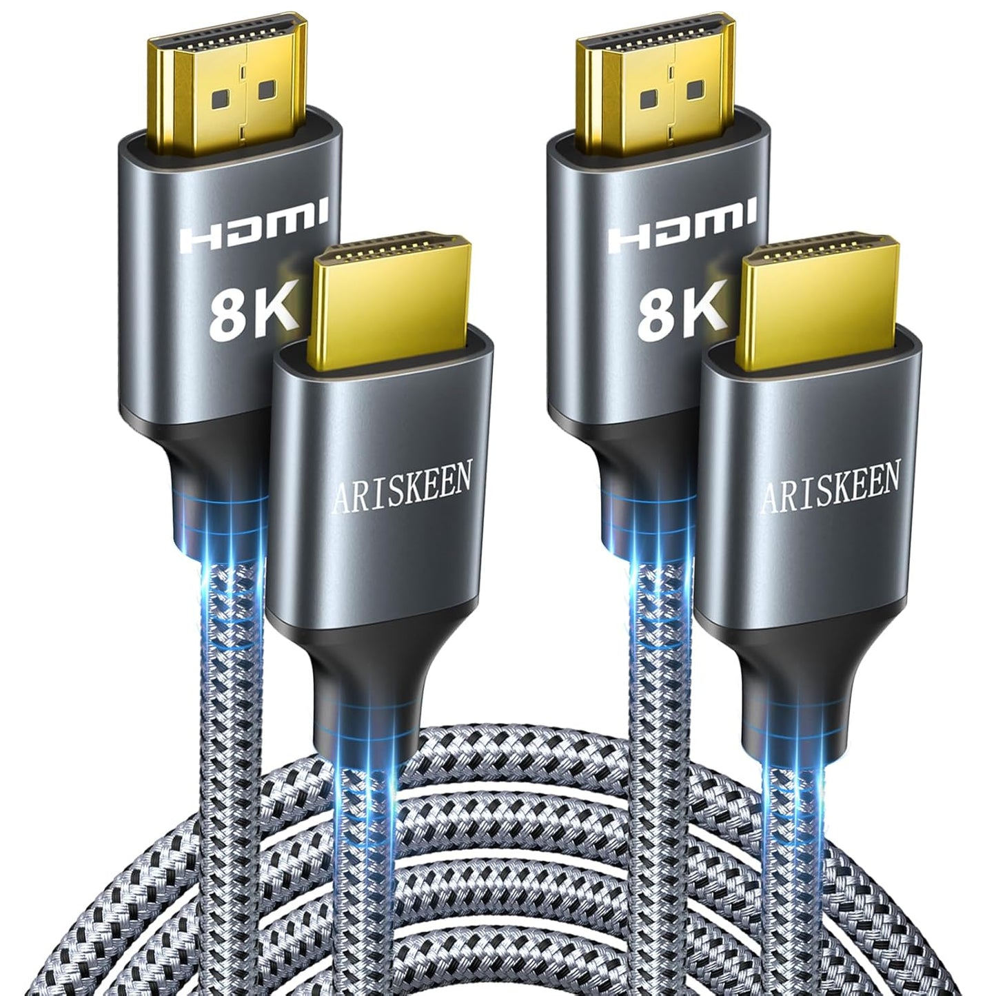 ARISKEEN 8K HDMI Cable 12FT 2-Pack, 48Gbps High Speed HDMI 2.1 Cable, 8K 60Hz, 4K 120Hz 144Hz Support for HDR 10, HDCP 2.2 2.3, eARC, DTS:X, Braided HDMI Cord Compatible with Laptop/HDTV - 12 Feet