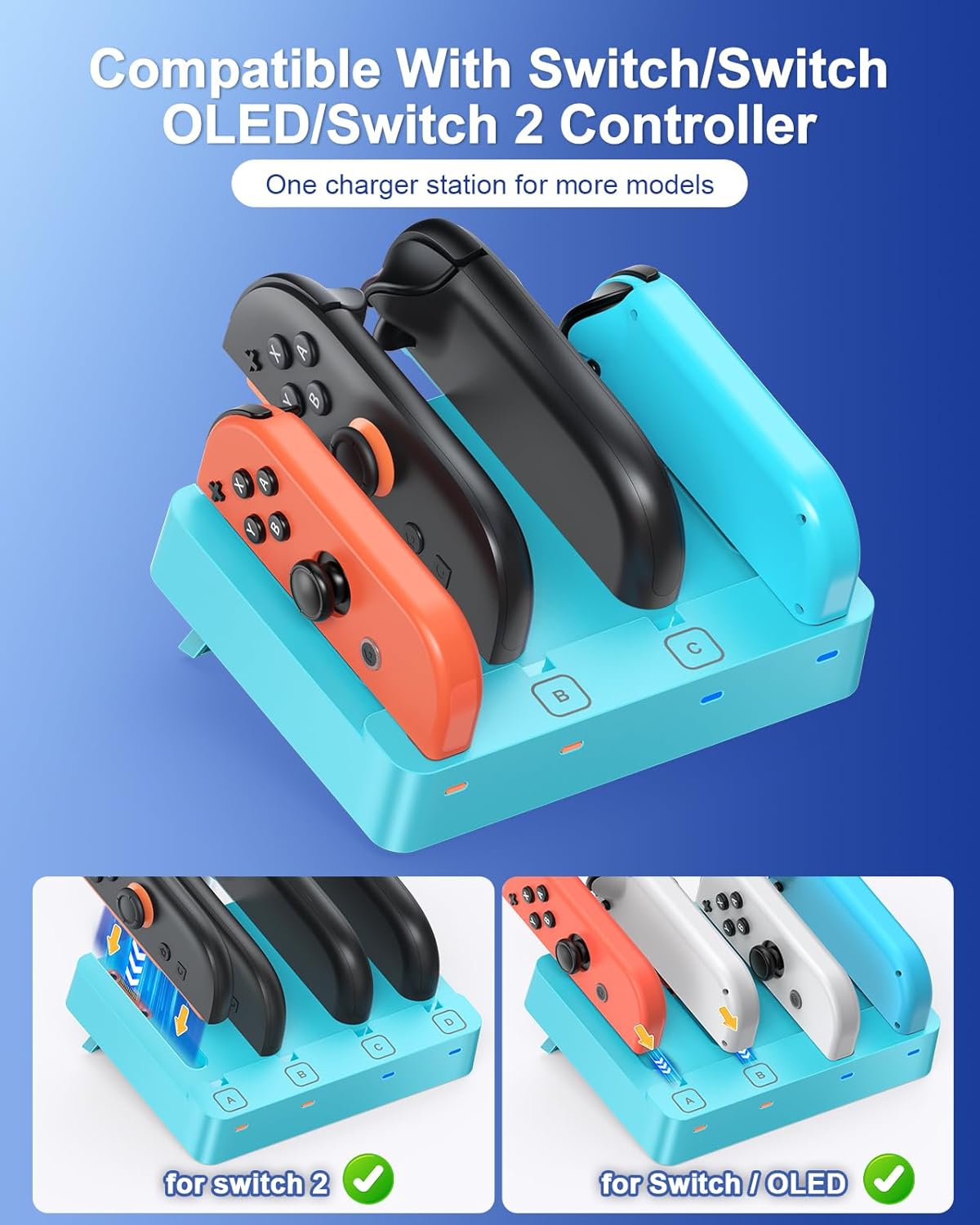 Charger for Nintendo Switch 2 and Switch 1 Controller, Horizontal Charging Dock Station for Joy con and for Joycon 2 Accessories with Foldable Storage Stand (Blue)