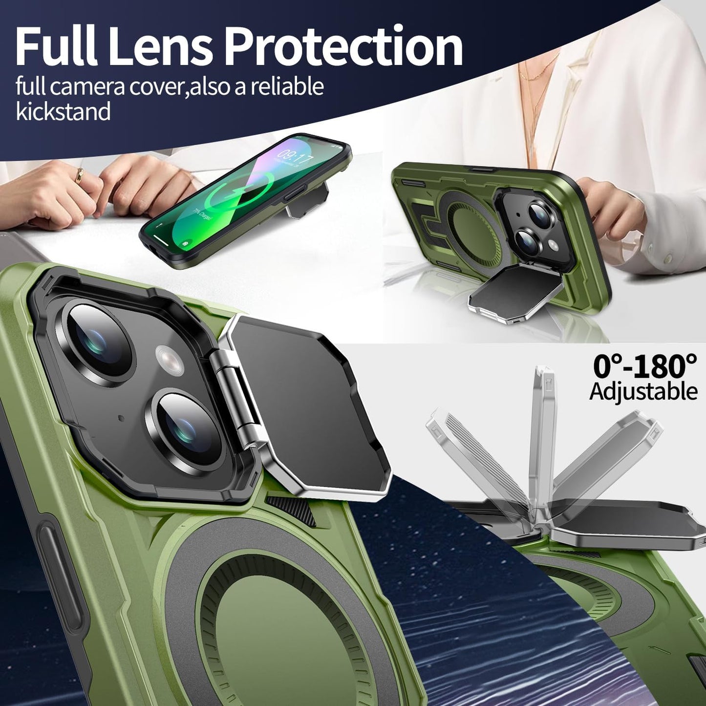 Camera Stand Case for iPhone 13/14, [Compatible with Mag Safe] [Lens Cover] 2024 Version Military Grade Protective Soft Case for iPhone 13/14 6.1 inch Men Women, Green