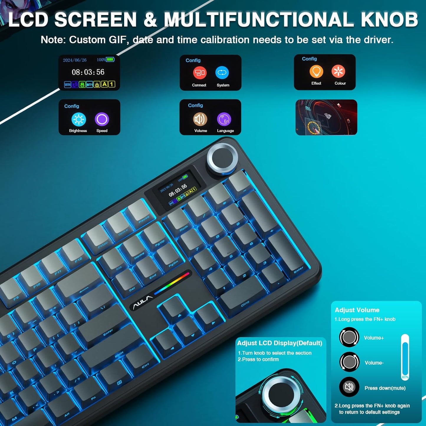 AULA F108 PRO - Wireless Mechanical Keyboard with Screen & Knob,Full Size Keyboard with 8000mAh Battery,Pre-lubed Switches,Side Printed PBT Keycaps,RGB Backlit Hot Swappable Custom Gaming Keyboards