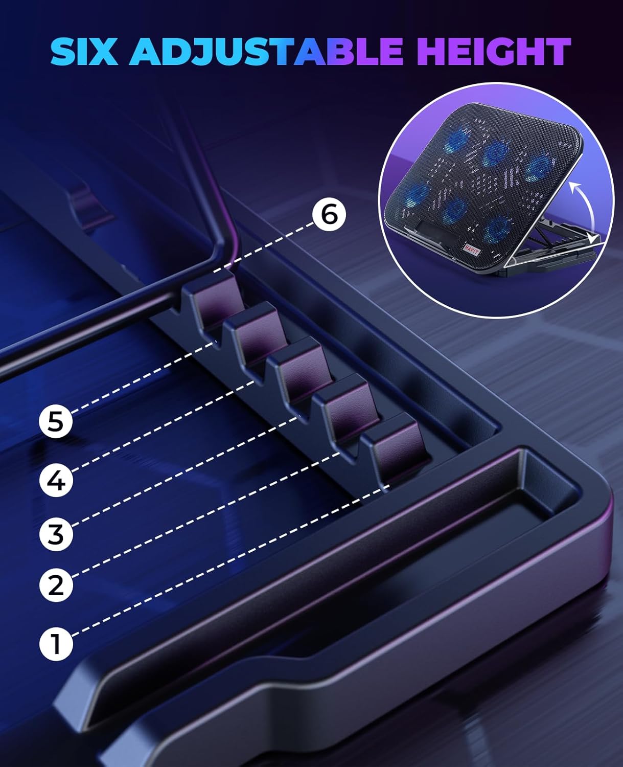 HAVIT Laptop Cooling Pad with 6 Quiet Fans and Adjustable Heights for 12-14.1 Inch Laptops, Dual USB Ports, Phone Holder, Efficient Cooling Stand for Heat Dissipation