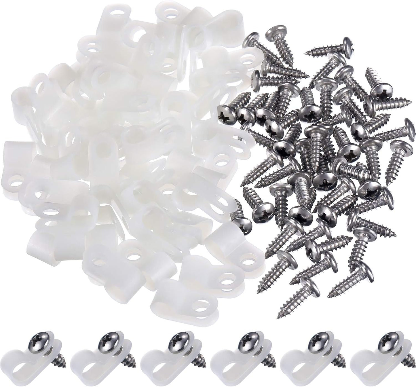 Hicarer 50 Pack R-Type Cable Clip Wire Clamp, Nylon Screw Mounting Cord Fastener Clips with 50 Pack Screws for Wire Management (White, 1/4 Inch)
