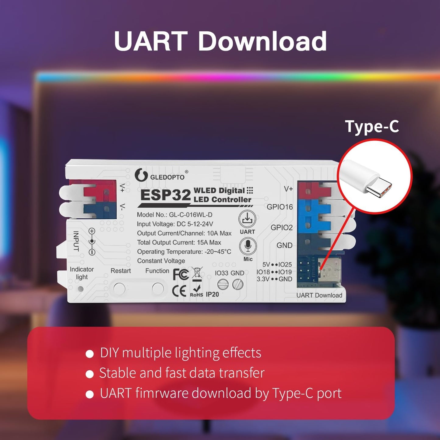 ESP32 WLED LED Strip Light Controller 15A Fuse Music Mic DIY Dynamic Lighting UART USB-C Download Energy Save Relay App Control RGB IC Addressable Digital WS2811 WS2812 SK6812 TM1814 WS2813 WS2815 etc