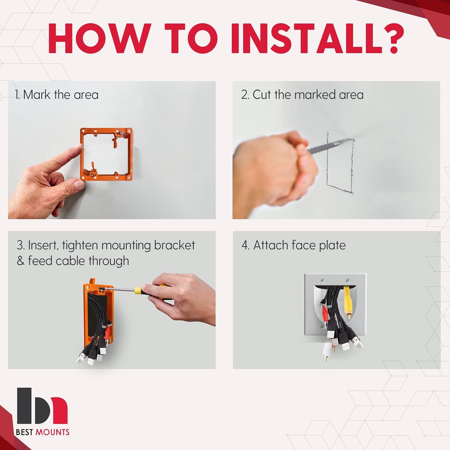 BestMounts - 2 Pack In Wall Cable Management Kit - Recessed Wall Plate Cable Pass Through Pair with Dual Gang Low Voltage Mounting Bracket - TV Cord Hider for Wall Mounted TV ETL Listed