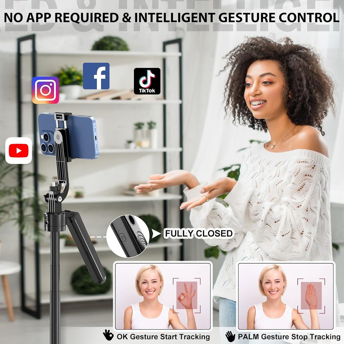 Auto Face Tracking Tripod 360 Rotation with Stand,Android and iPhone Tripod Holder with Remote and Gesture Control, No App,Built-in Tracking Camera Selfie Stick for Vlog Video Recording Tiktok