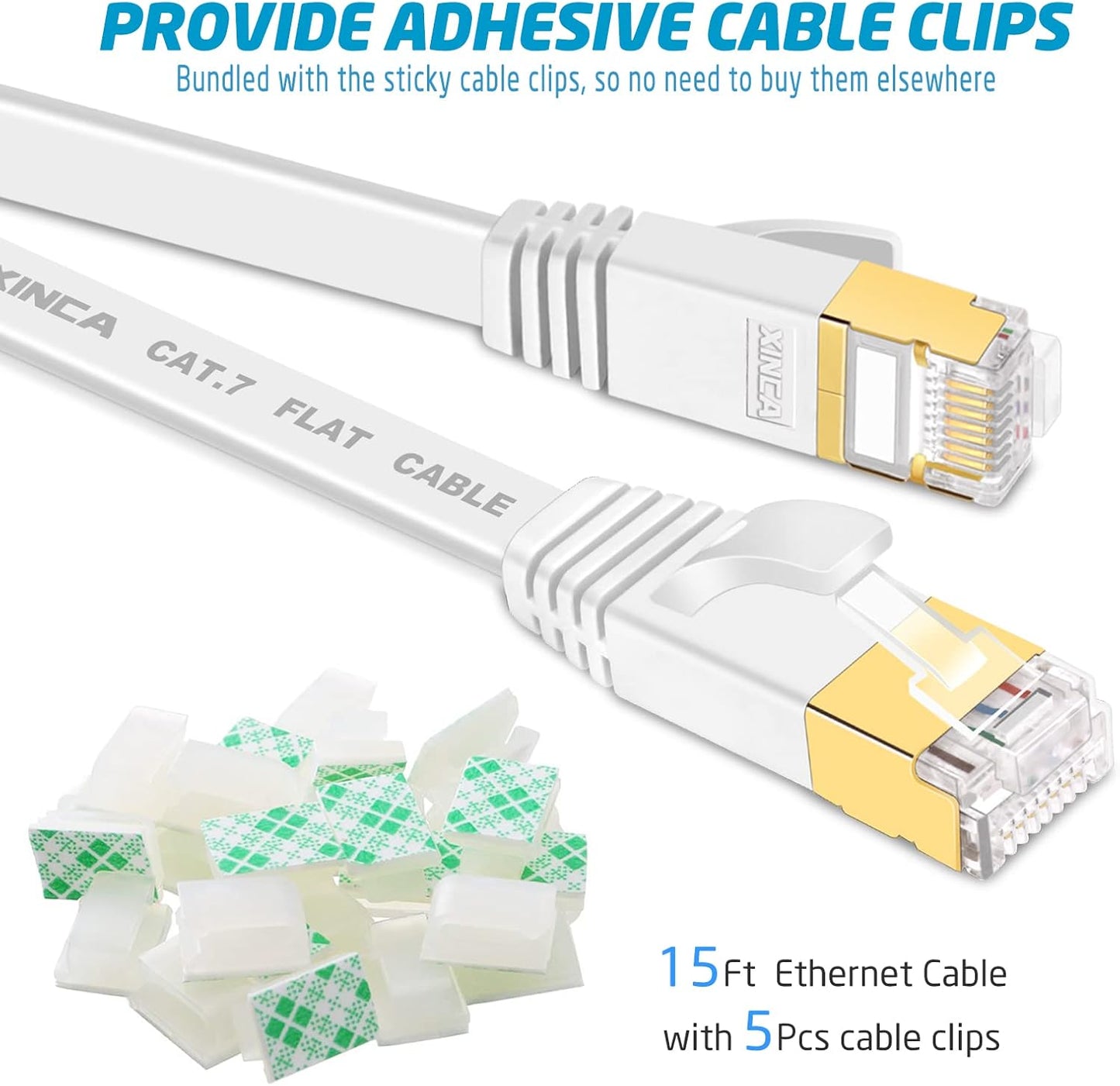 Cat 7 Flat Ethernet Cable 15ft White, High Speed 10GB Shielded (STP) LAN Internet Network Cable Ethernet Patch Computer Cable with Rj45 Connectors and 5pcs Adhesive Cable Clips