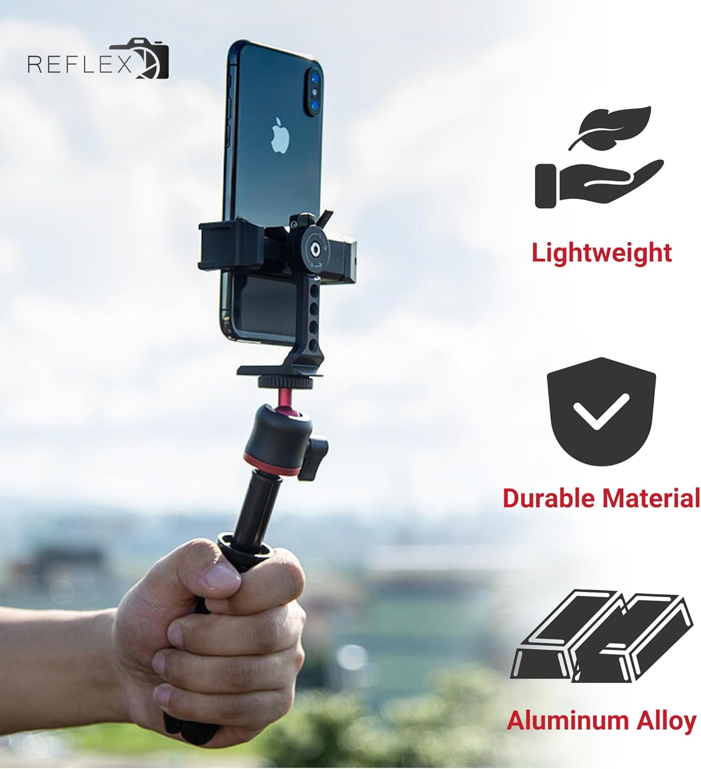 REFLEX CAMERA Metal Mobile Phone Tripod Mount, 360° Rotatable with Cold Shoe Mount, Universal Smartphone Attachment Clamp, 1/4" & 3/8" Mounting Screw Holes, Arca Swiss compatible Base Plate for iPhone