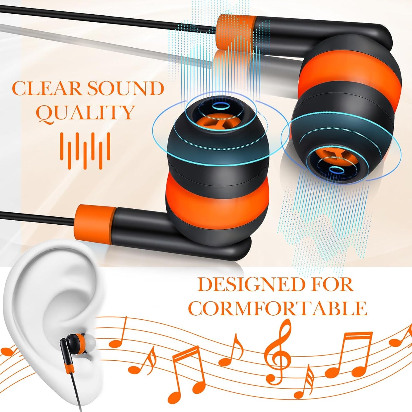 Kanayu 100 Pack Wired Earbuds Bulk for Classroom Ear Headphones Wired Basic Student Earbuds No Microphone with 3.5mm Jack for Kids Class Laptop School Library, Individually Bagged(Orange)