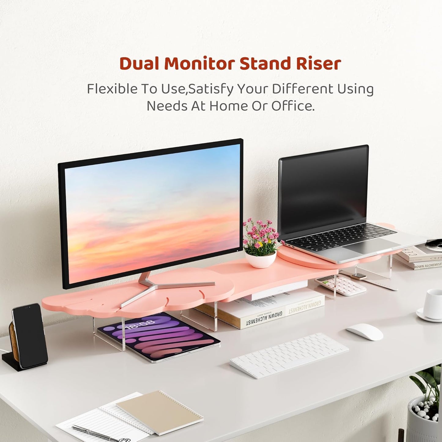 Dual Monitor Stand Riser,Wing-Shaped Sturdy Desktop Computer Wood Stand for 2 Monitors Cute Monitor Riser for Laptop, PC, Computer,Pink
