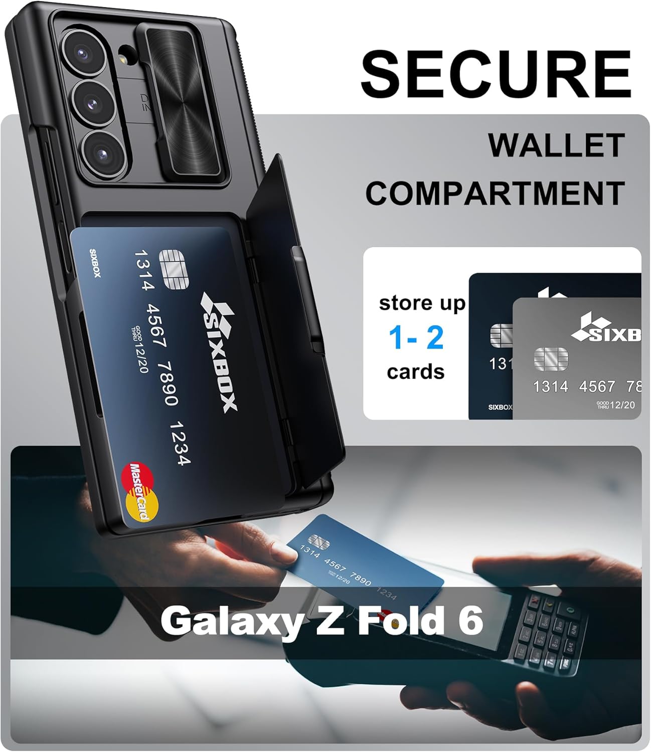 for Samsung Galaxy Z Fold 6 Case with Card Holder & Belt Clip & Slide Camera Cover, Built-in Hinge Protection & Screen Protector, Durable Wallet Phone Cover Case for Z Fold 6 5G 2024, Black