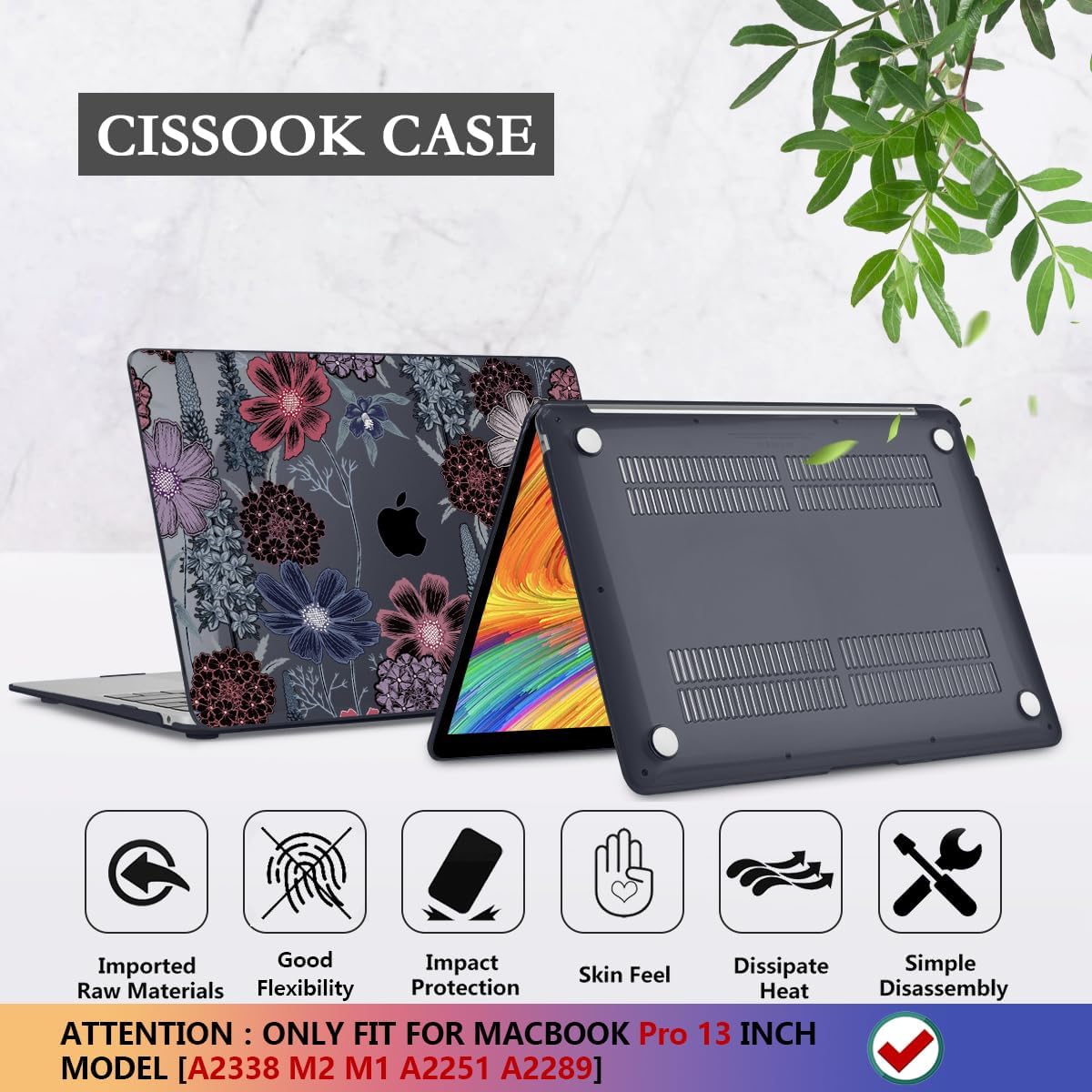 CISSOOK Compatible with MacBook Pro 13 inch Case 2025-2020 A2338 M2 M1 A2251 A2289 with Touch bar, Plastic Hard Shell Case&Keyboard Cover&Screen Protector&Webcam Cover, Texture Flowers
