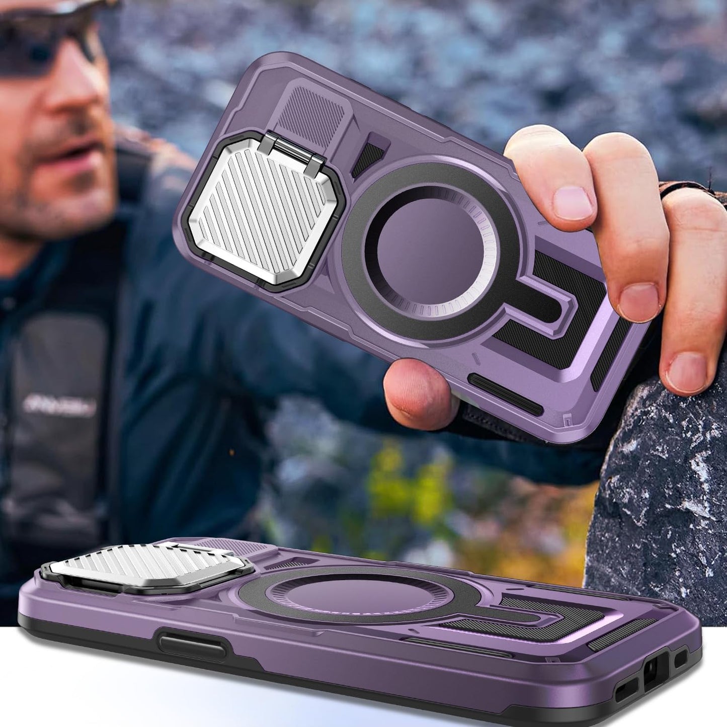 Camera Stand Case for iPhone 15 Plus, [Compatible with Mag Safe] [Lens Cover] 2024 Version Military Grade Protective Soft Case for iPhone 15 Plus 6.7 inch Men Women, Purple