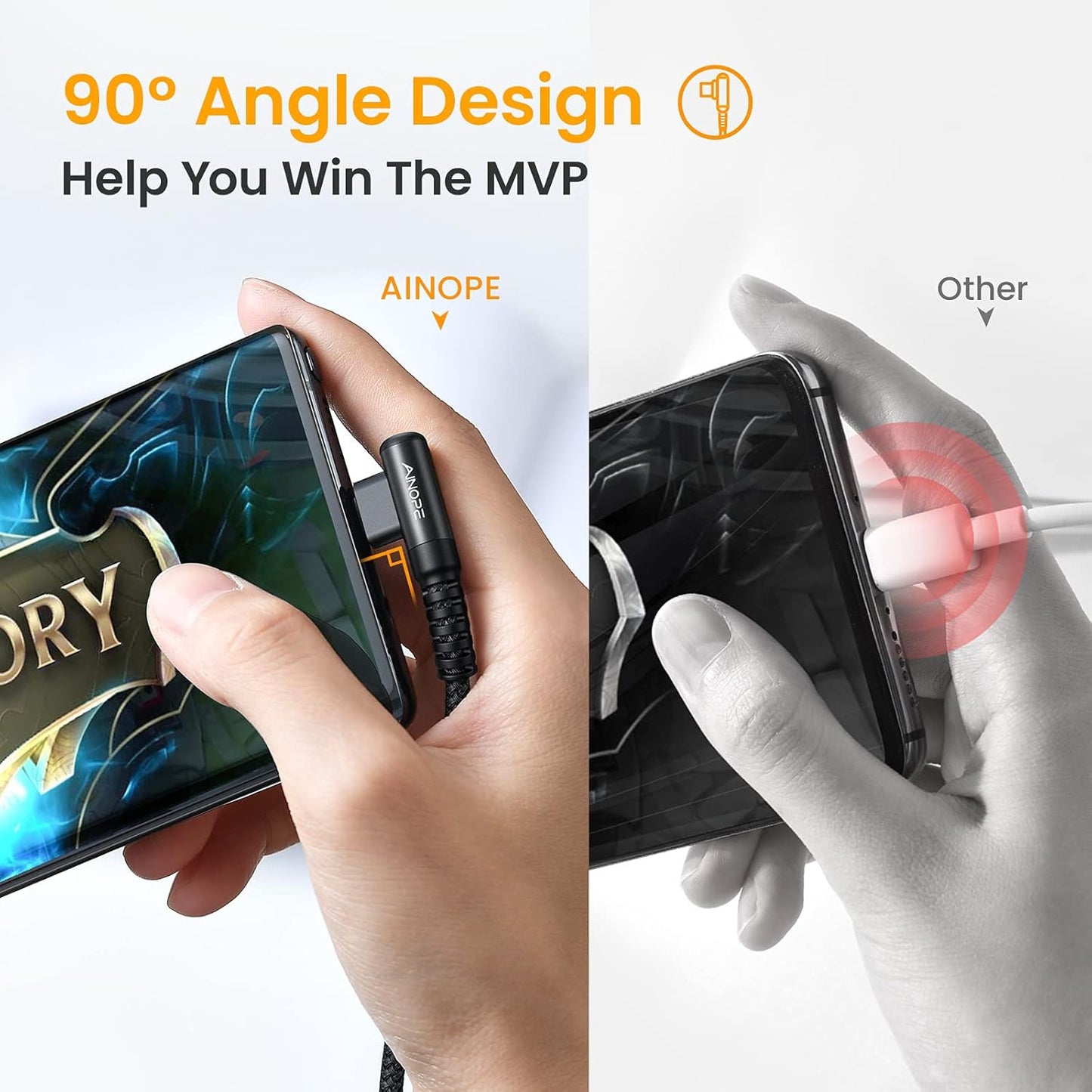 AINOPE USB C Cable Right Angle (2-Pack, 10ft+10ft) 3.1A Type C Charger Fast Charging, Resistant Nylon Braided USB A to USB C Charger Cable (Black)