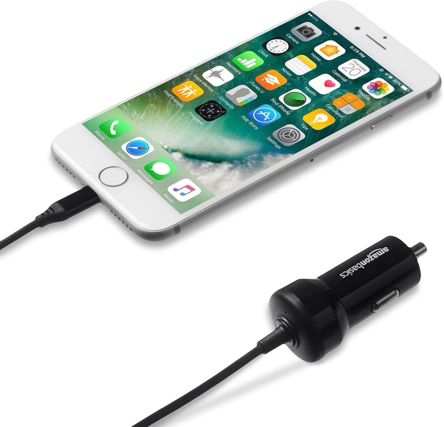 Amazon Basics 12W (5V, 2.4A) Car Charger with Lightning Cable (Straight) for iPhone and Apple Devices, 3 ft - Black