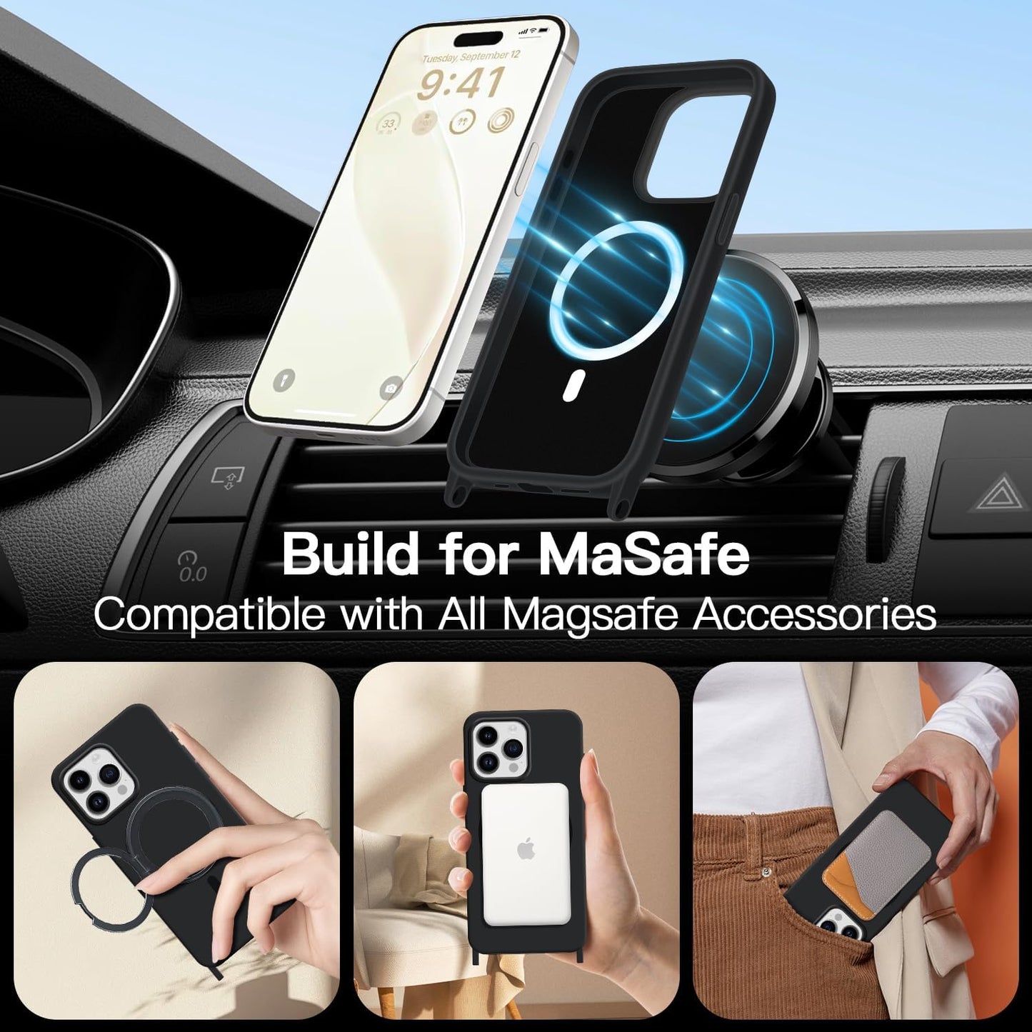 for iPhone 16 Pro Case with Lanyard [Compatible with MagSafe], Crossbody Phone Case with Neck Strap Adjustable, Magnetic Phone Cover for iPhone 16 Pro 6.3'' Black