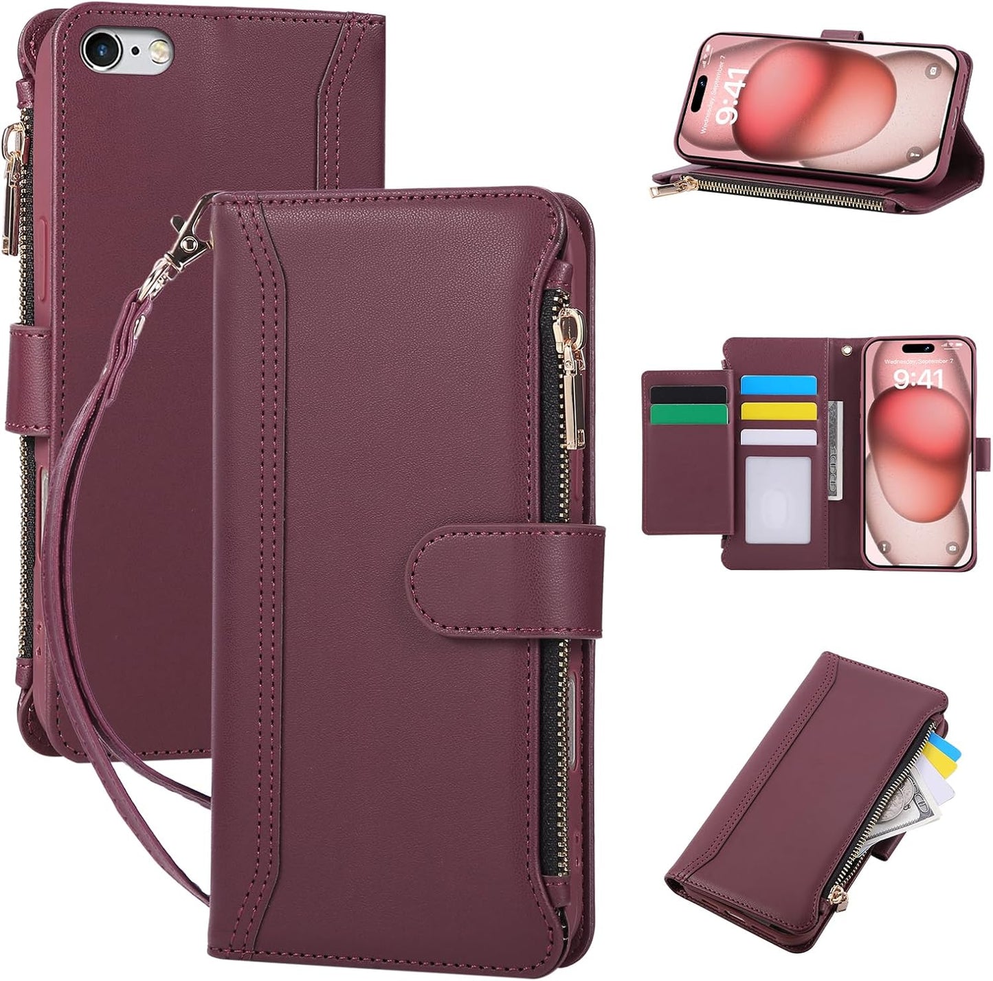 Compatible with iPhone 7/8/SE 2020/SE 2022 Wallet Case PU Leather Shockproof Protective Cover with Credit Card Slots, Zipper Pocket Detachable Wrist Strap,Unisex Design for Men/Women-Claret