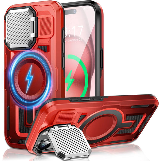 Camera Stand Case for iPhone 15 Plus, [Compatible with Mag Safe] [Lens Cover] 2024 Version Military Grade Protective Soft Case for iPhone 15 Plus 6.7 inch Men Women, Red