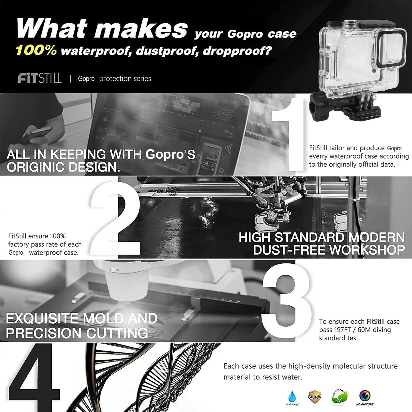 FitStill 45M/148FT Underwater Waterproof Case with Dive Filters Compatible for Go Pro Hero 4K,Monopod Floating Hand Grip Dive for Hero4K 2024 Action Camera Accessory Kit