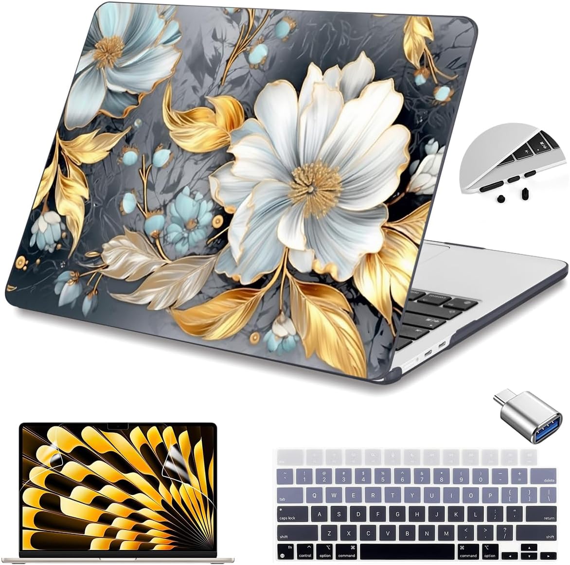 Teryeefi Compatible with M3 M4 MacBook Air 15 inch Case 2025 2024 2023 Release A3241 A3114 A2941, Hard Shell Cover & Keyboard Cover & Screen Protector & OTG Adapter - W-Modern Abstract Art