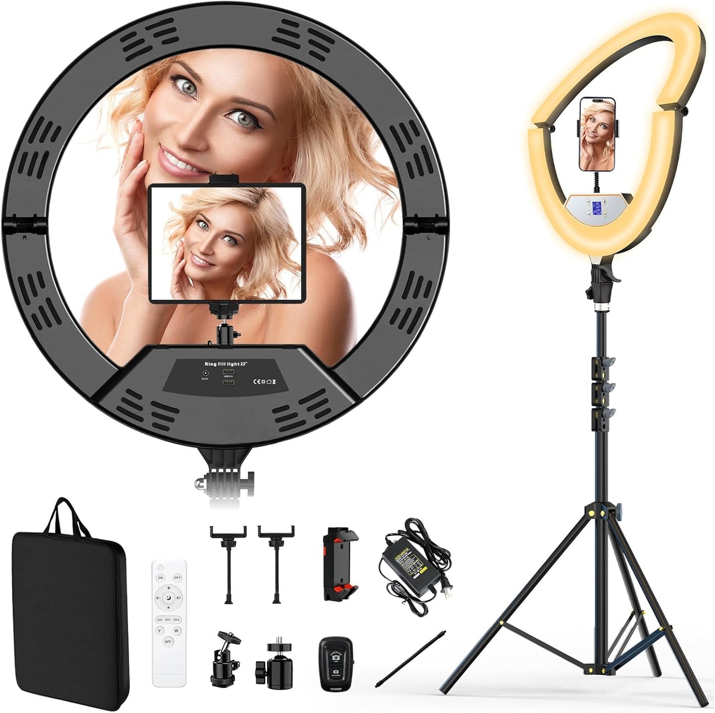 22" Large Ring Light with Stand,Foldable LED Big Ring Light Tripod for iPhone Phone Ipad, 75" Tall Tripod Touch Screen,Wireless Remote for Live Stream,YouTube,TikTok Video Shooting