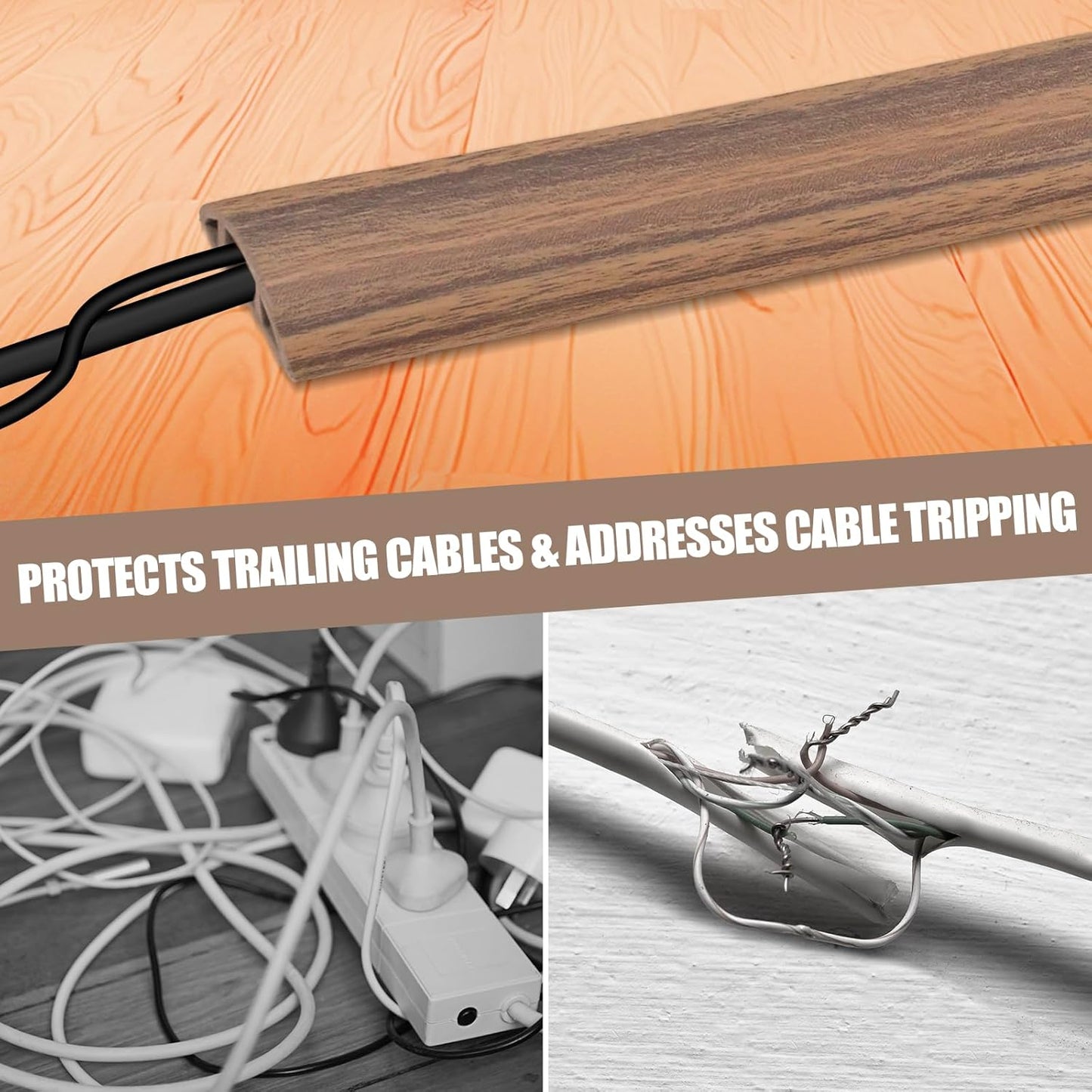 Floor Cord Cover Cavity 0.8"x0.37" Self Adhesive Cord Hider, 3.3FT Low Profile Cable Management, Extension Strip Protector for Wires, Prevent Cable Trips for Offices, Gyms,(Wood Smoked Brown)