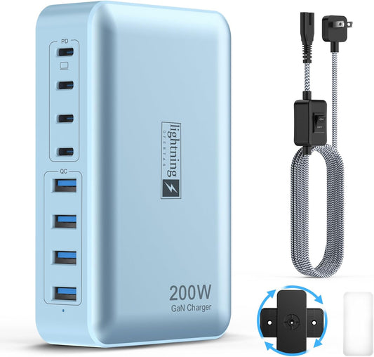 8-Port Multi Charging Stations 200W with Flat Plug, Braided Power Cord, and On/Off Switch- USB Charging Hub for iPhone, iPad, MacBook and More- 65W C Port Power Adapter for Laptops