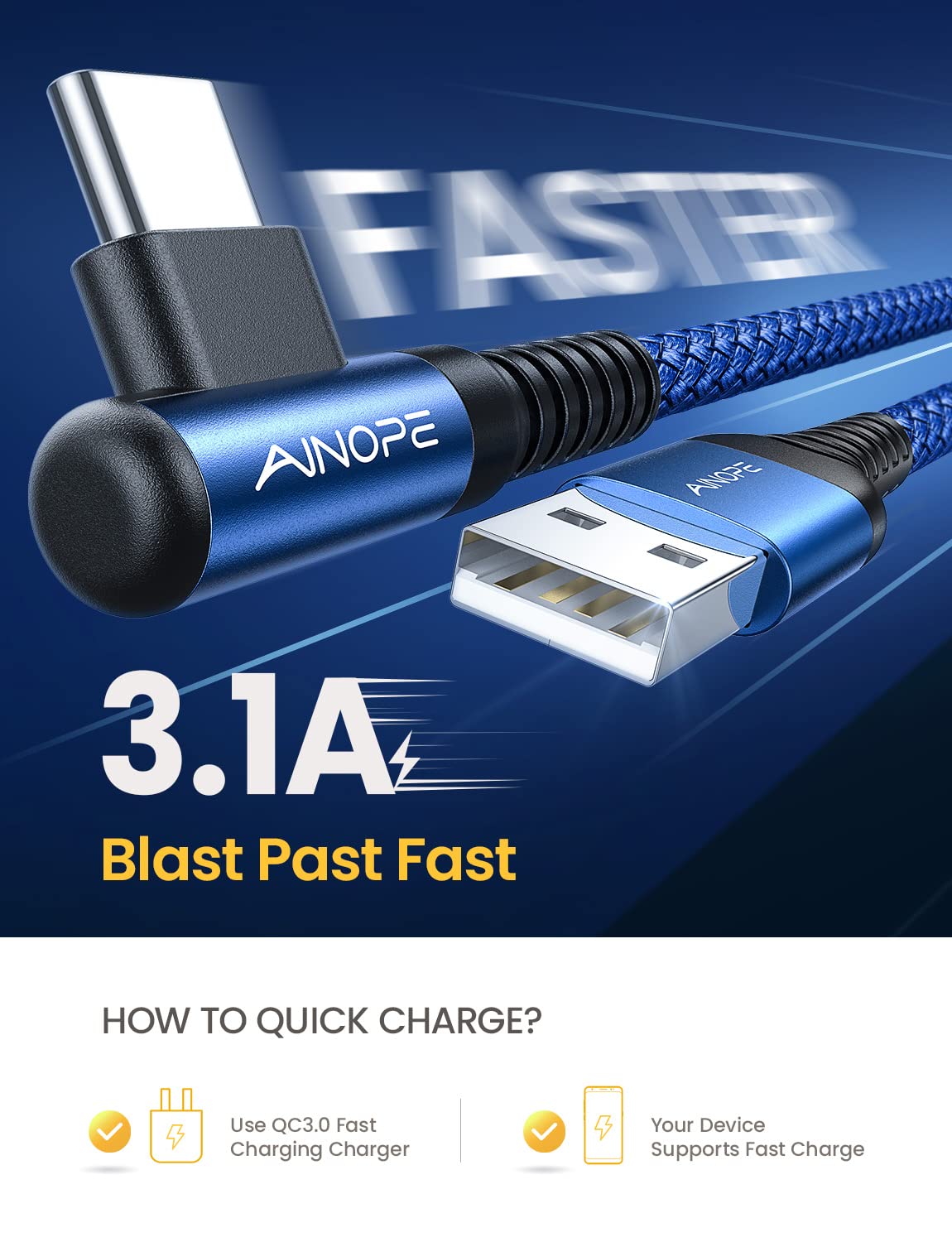 AINOPE USB C Cable 3ft Right Angle, 2-Pack USB to USB C Cable 3ft 3.1A Fast Charging Nylon Braided USB A to USB C Cable Blue Accessories Fit for Galaxy S20 S10 S9 S8 Plus,V30,V20,G6