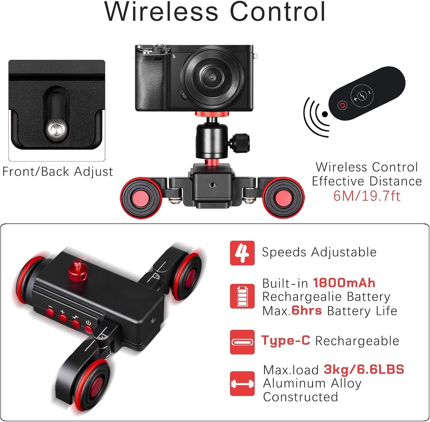 EACHSHOT Motorized Dolly Car, 3-Wheels Wireless Electric Track Rail Slider Video Camera Dolly Car with Remote Control, Compatible with DSLR Camera, Camcorder, for GoPro, iPhone, and Android Smartphone