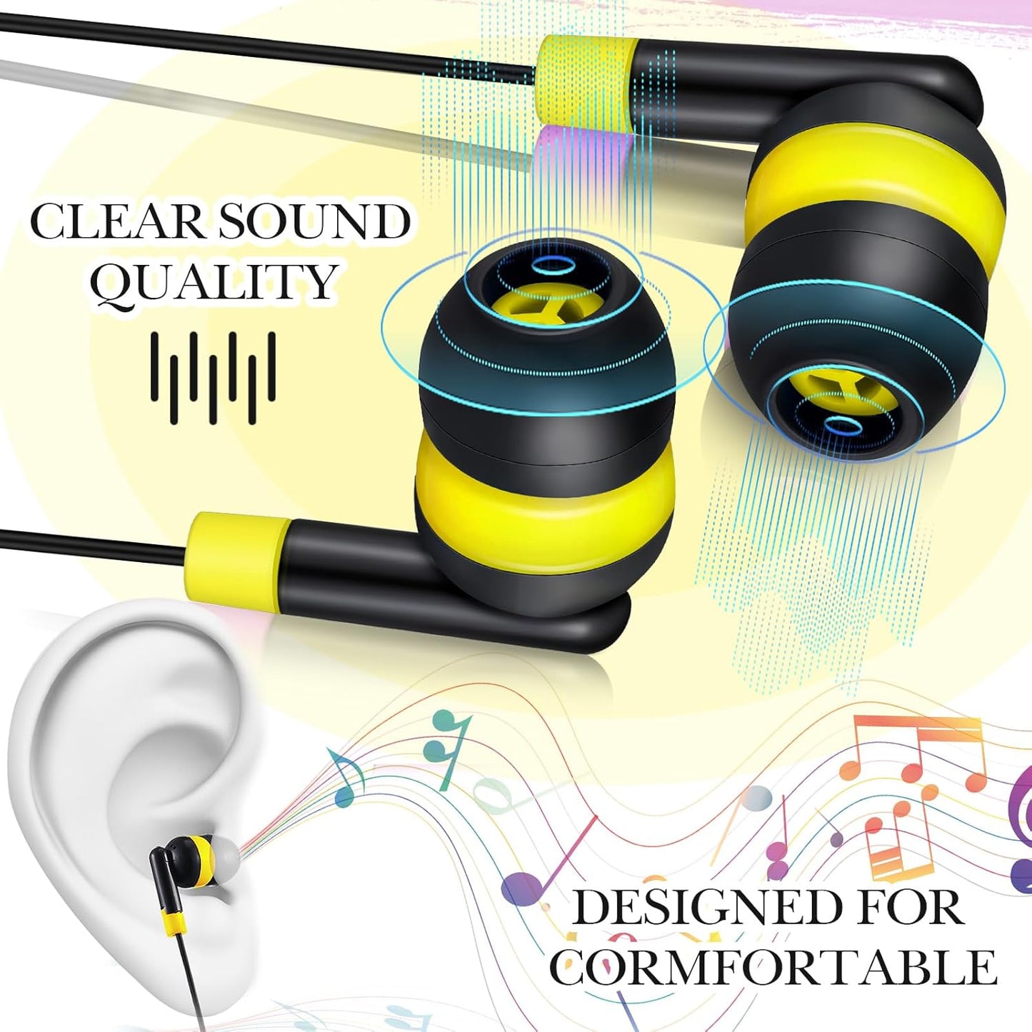 Kanayu 100 Pack Wired Earbuds Bulk for Classroom Ear Headphones Wired Basic Student Earbuds No Microphone with 3.5mm Jack for Kids Class Laptop School Library, Individually Bagged(Yellow)