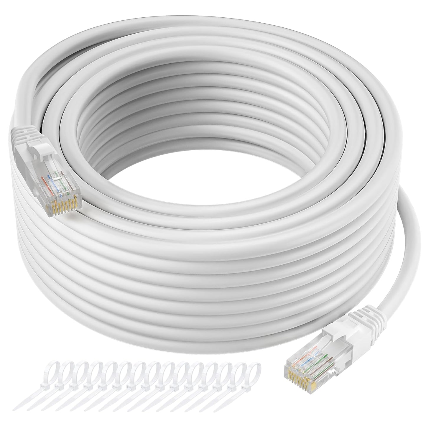 Cat5e Ethernet Cable 300 FT, Long Cat 5e Internet Cable, White Snagless Patch Cord, Flexible, Network, LAN, PoE, Standard RJ45 Connector for PC, Server, Router, Modem, TV, PS5 - with 15 Cable Ties