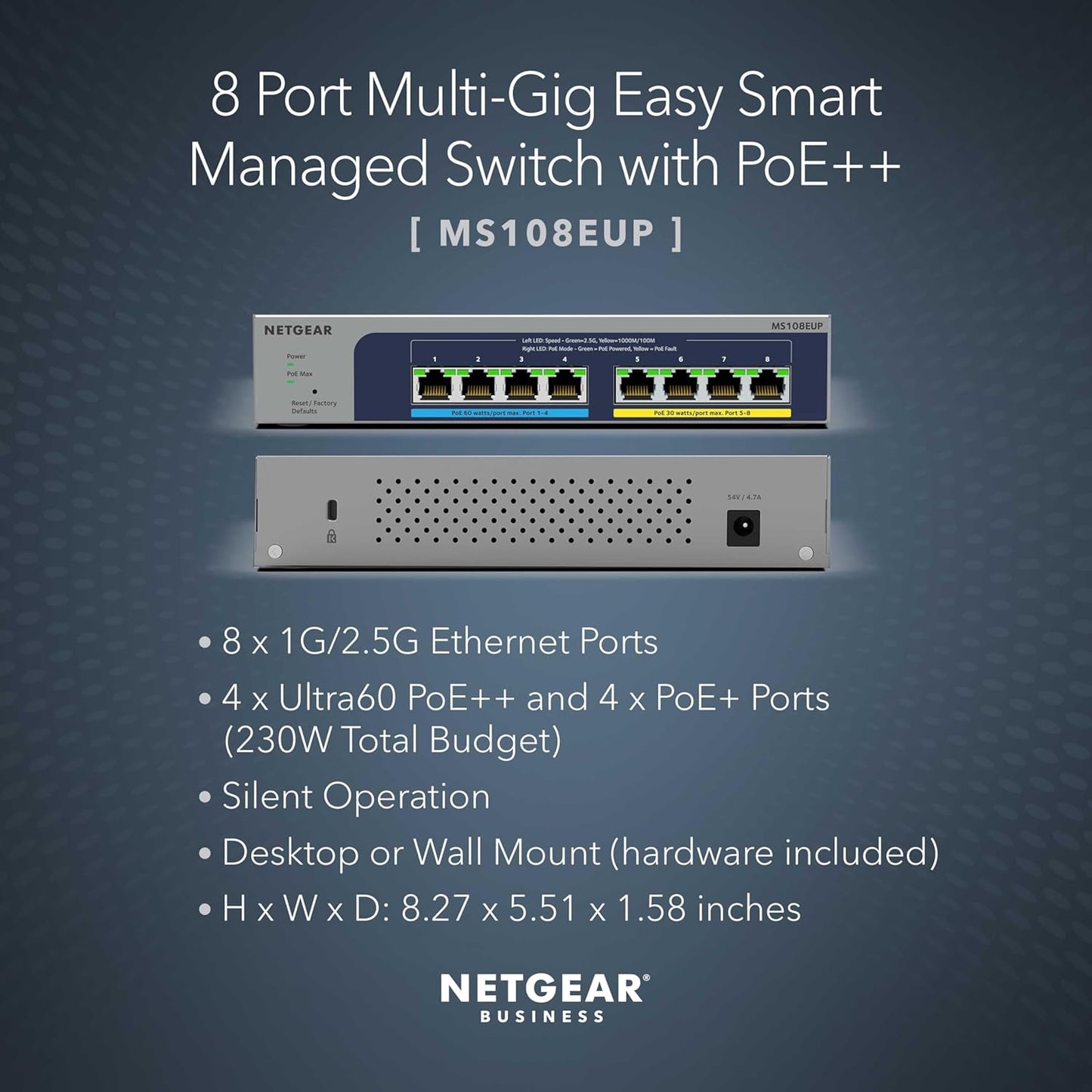 NETGEAR 8-Port Ultra60 PoE Multi-Gigabit Ethernet Easy Smart Managed Switch (MS108EUP) - Managed, with 4 x PoE++ and 4 x PoE+ @ 230W, Desktop or Wall Mount, and Limited Lifetime Protection